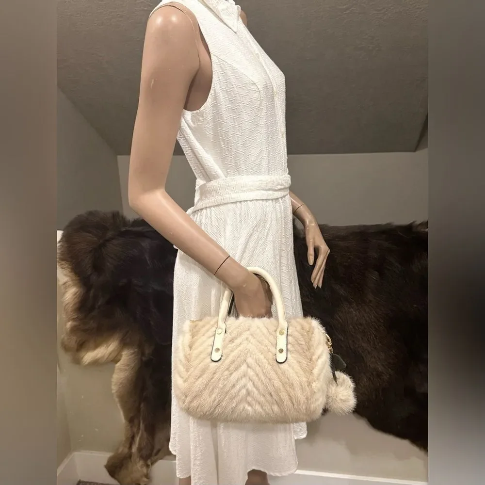 Ivory Real Mink Fur & Leather Handles Handmade Boston Bag & Mink Fur Bag Charm
